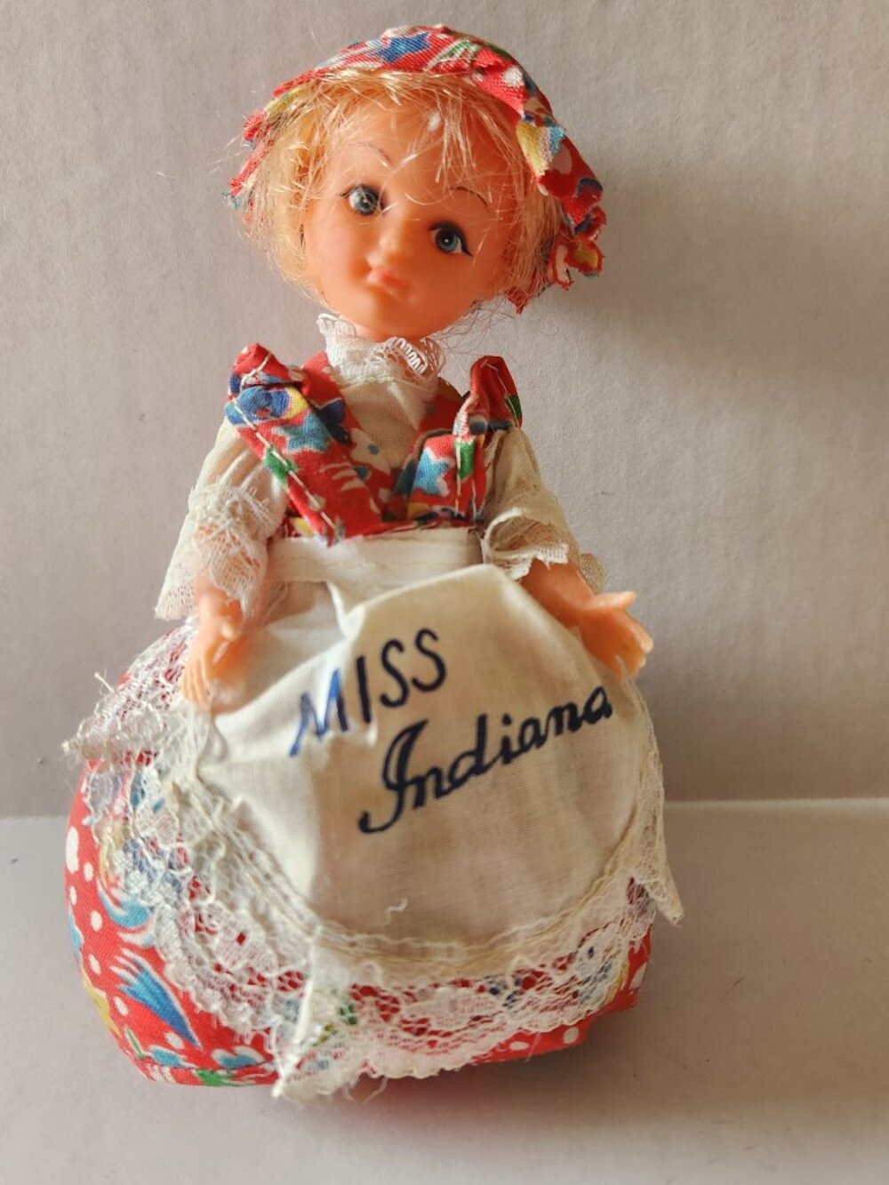 Vintage 1970s Miss Indiana Doll Pincushion Red Floral Fabric Dress and Bonnet T2